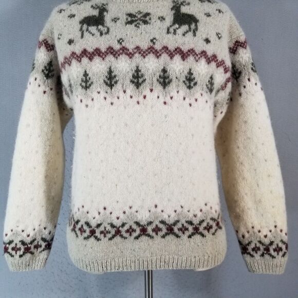 L L Bean sweater mens large White Gray Brown Wool Silk Crew Neck Winter FLAWED - Picture 3 of 15